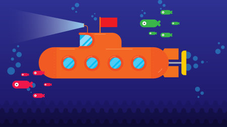 Submarine undersea view with fishes. flat style vector illustrationのイラスト素材