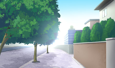 Anime-style suburban street with trees, bushes, and modern buildings in the background. A peaceful and sunny urban walkway illustration.の写真素材