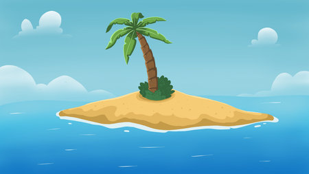 Solitary island with palm tree and bush. small tropical uninhabited island in the ocean.の写真素材