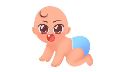 Adorable cartoon-style illustration of a crawling baby with big expressive eyes, a cheerful expression, and a blue diaper.の写真素材