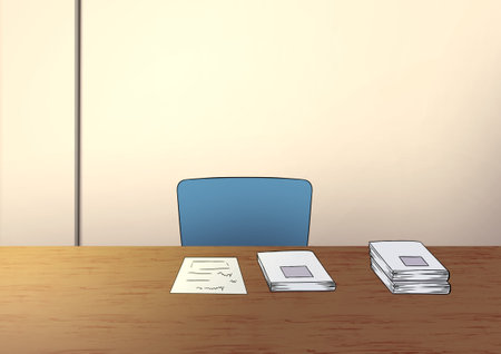 Front view of anime style Office Desk with chair and books and paper on table.の写真素材