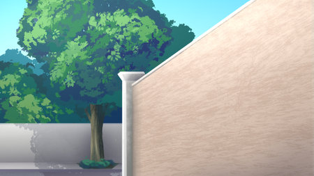 Anime style urban background with a beige wall and lush green trees.の写真素材