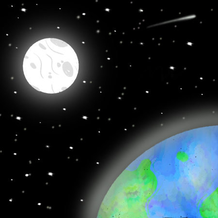 Earth and Moon in Outer Space with Starry Skyの写真素材
