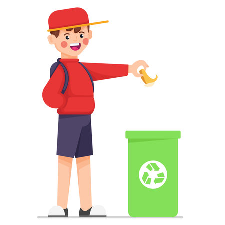 Cute Boy Throwing Trash in Recycling Binのイラスト素材