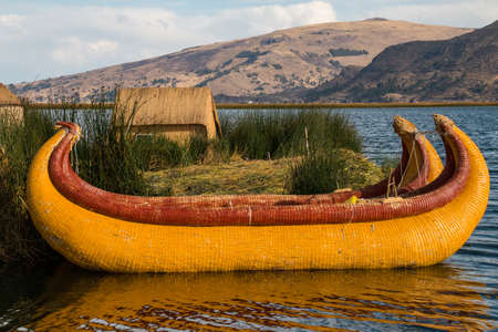 Boats in the Uros Floating Islands in Lake Titicaca, Peruの写真素材