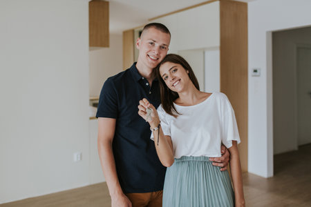 Happy first time buyers holding keys to new apartment and smiling towards the camera. Cheerful young couple in new house holding keys.の写真素材
