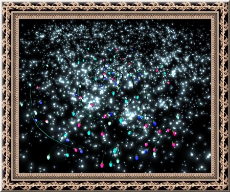 Electric garland in the night sky in a rectangleの写真素材