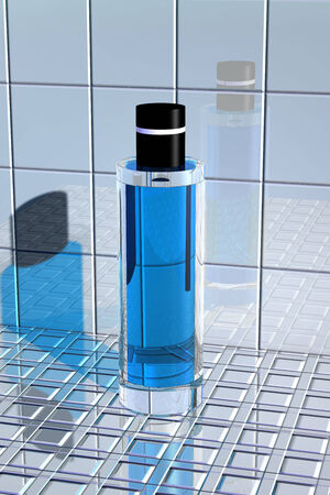 Bottle of perfume on a background of a tiled square tilesの写真素材