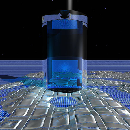 Bottle of perfume over the surface of an unknown planet on the background of starsの写真素材