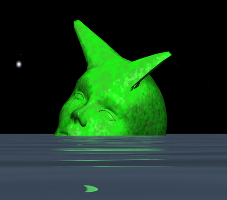 Sculpture alien head submerged in water on a background of the skyの写真素材