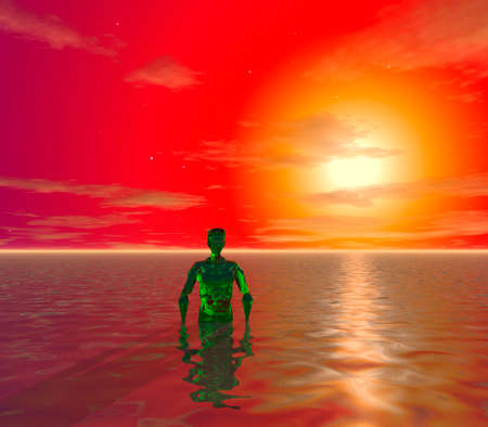 Green alien is in the water of an unknown planetの写真素材