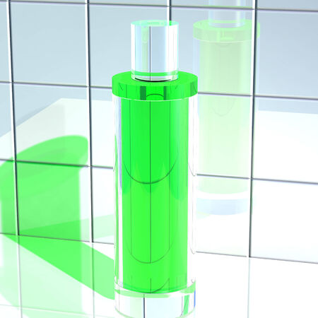 Glass bottle filled with a liquid is reflected in the tileの写真素材