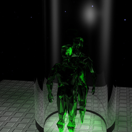 Two alien preparing to teleport on the background of the night sky with starsの写真素材