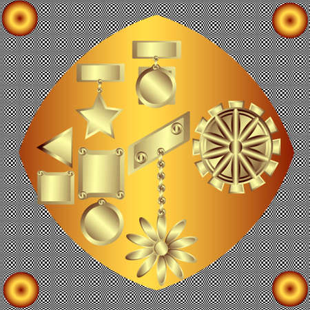 Set of decorative gold ornaments on a background of patterned seamless texture in the form of a squareのイラスト素材