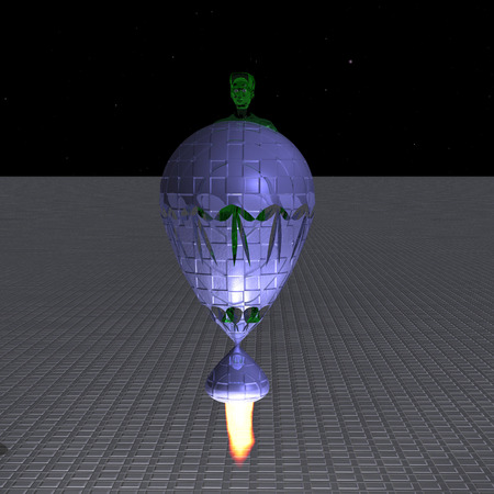 Green alien flies over the surface of an unknown planetの写真素材