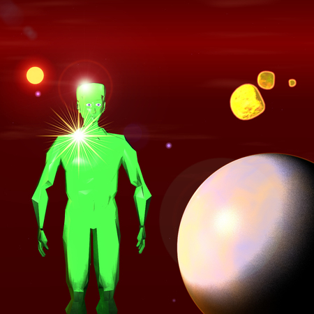 Green alien looking at a spherical objectの写真素材