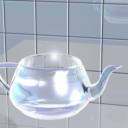 Transparent glass teapot without a lid on the background tilesの写真素材