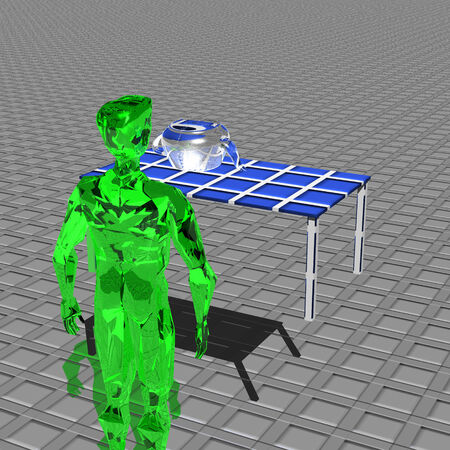 Green alien faces upturned kettle being transparent on the tableの写真素材