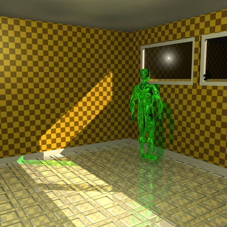 Green alien looking out the window at the space landscapeの写真素材