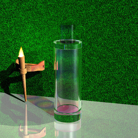 Glass bottle casts a rosy shadow on grass background in light torch rustyの写真素材