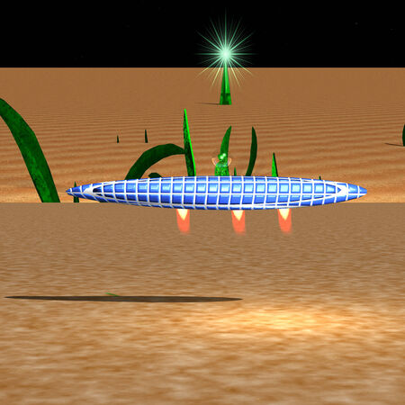 Green alien in a transparent helmet flying over an unknown surfaceの写真素材