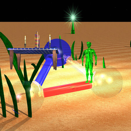 Green alien landed on an unknown planet at nightの写真素材