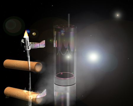 Reflection perfume bottle in the smoke coming out of the two pipesの写真素材