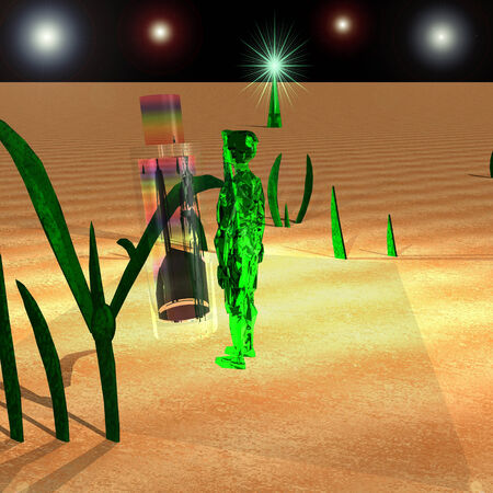 Green alien looking at transparent rainbow bottleの写真素材