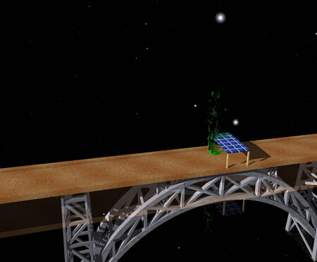Green alien standing in front of a table on the bridge at nightの写真素材
