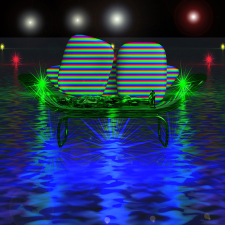 Green alien resting on a fantastic couch above the water surfaceの写真素材