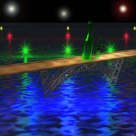 Green alien standing on a bridge near the huge bottleの写真素材