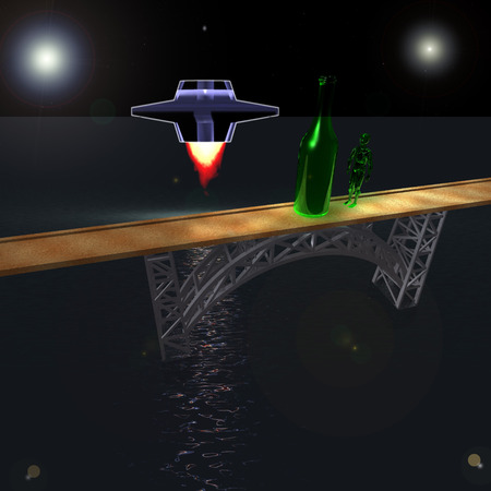 Green alien standing on the bridge waiting to board a spaceshipの写真素材