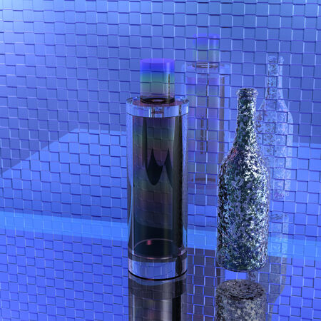 Reflection perfume bottle and bottle in textured tiled wallの写真素材