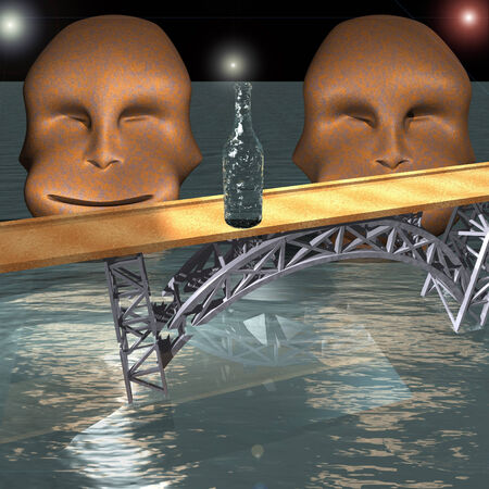 Fantastic scenery bridge and two heads in the waterの写真素材