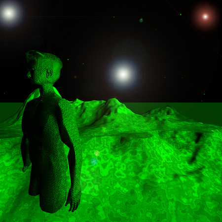 Green alien haunting green planet at nightの写真素材