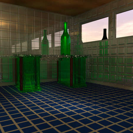 Green bottle is reflected in the textured wall and windowの写真素材