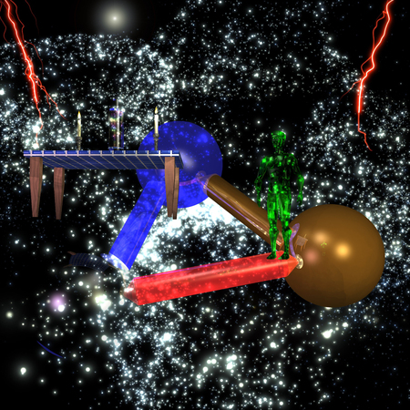 Green traveler in a strange spaceship in a distant galaxyの写真素材