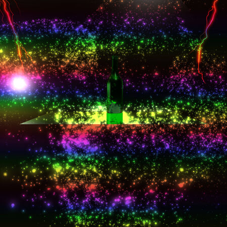 Green bottle on a background of multicolored fantastic galaxyの写真素材