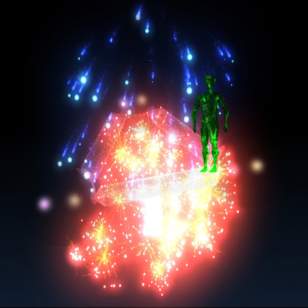 The appearance of a green alien on the background of fireworksの写真素材