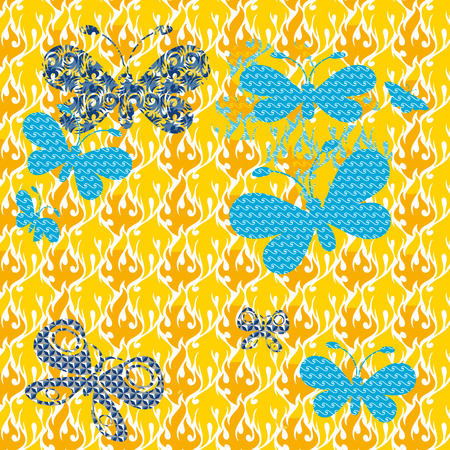 Butterflies on a patterned background Seamless texture in the form of square tilesのイラスト素材