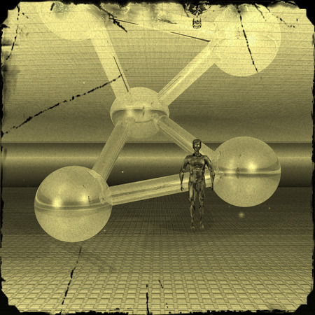 Newcomer on the old photos on the background of a strange objectの写真素材