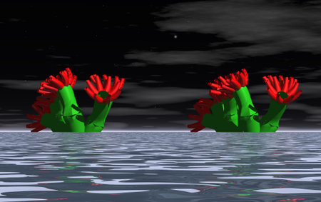 3D illustration: "Strange plants sticking out of the mysterious ocean"の写真素材