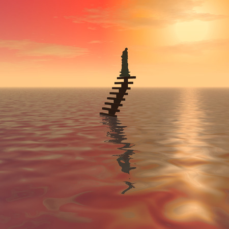 3d illustration: "The mysterious staircase with a statue sticking out of Oken at sunset"の写真素材