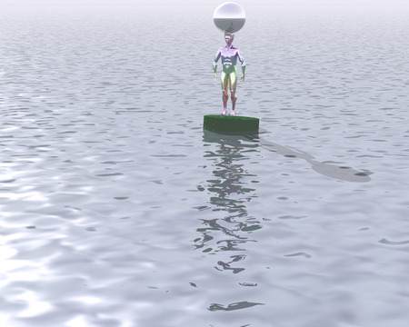 3d illustration: "Rainbow sculpture with a ball on his head in the middle of the ocean"の写真素材