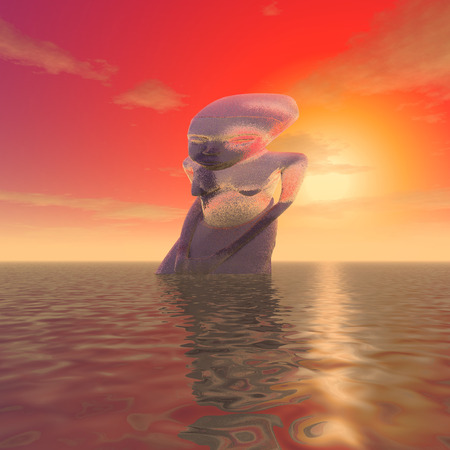 3d illustration: "A mysterious statue in the ocean at sunset"の写真素材