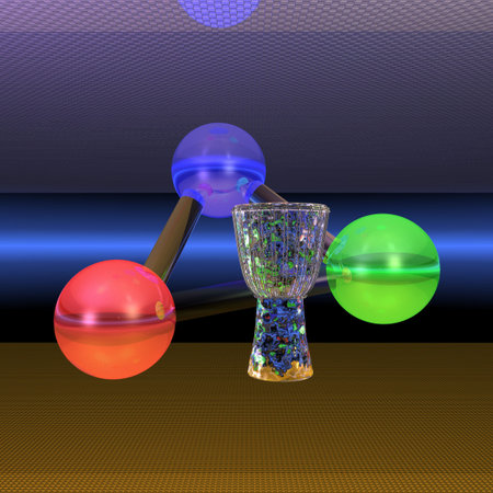 3d illustration: Three bonded ball and a glass object