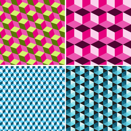 Set seamless patterns from volumetric multi-colored cubes. Vector image, eps 8のイラスト素材