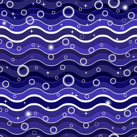 Seamless pattern with colorful dark blue waves and gradient balls and stars. Vector image, eps 10のイラスト素材