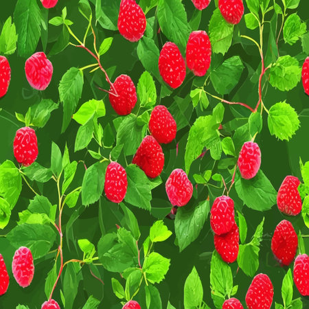 Seamless pattern with ripe raspberries on a green background