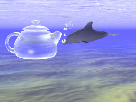 A mysterious dolphin swims up to a sunken teapot in surpriseの写真素材